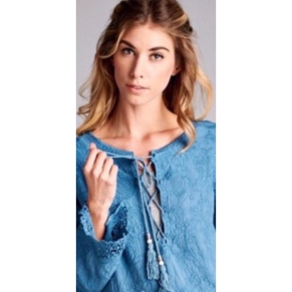 Blue Lace Up Embroidered Crochet Trim Tassel Tunic Top| Coastal Grandma Boho S/M - Picture 4 of 16